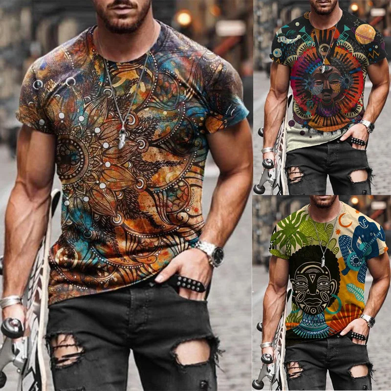 

2021 Indian Cross Print Men's Fashion Vintage T-shirt Do-Old Retro Tee Mens Street Trend Short Sleeve T Shirts Summer Clothing