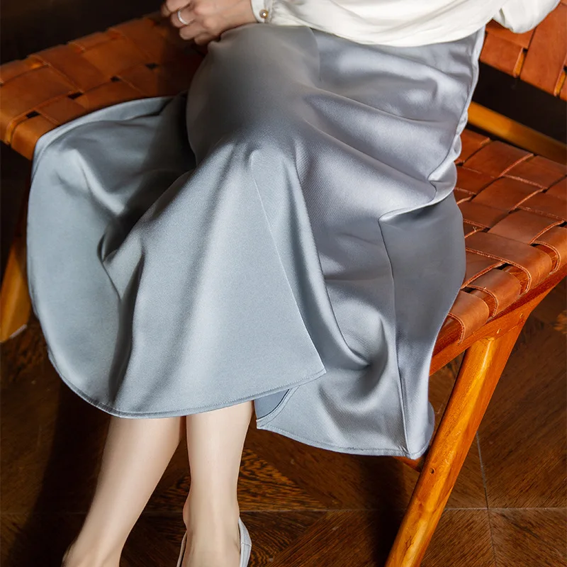 

TVVOVVIN French Acetate Real Silk Satin Skirt Women's Summer Autumn High Waist A-Line Matte Satin Mid-length Skirt 082E