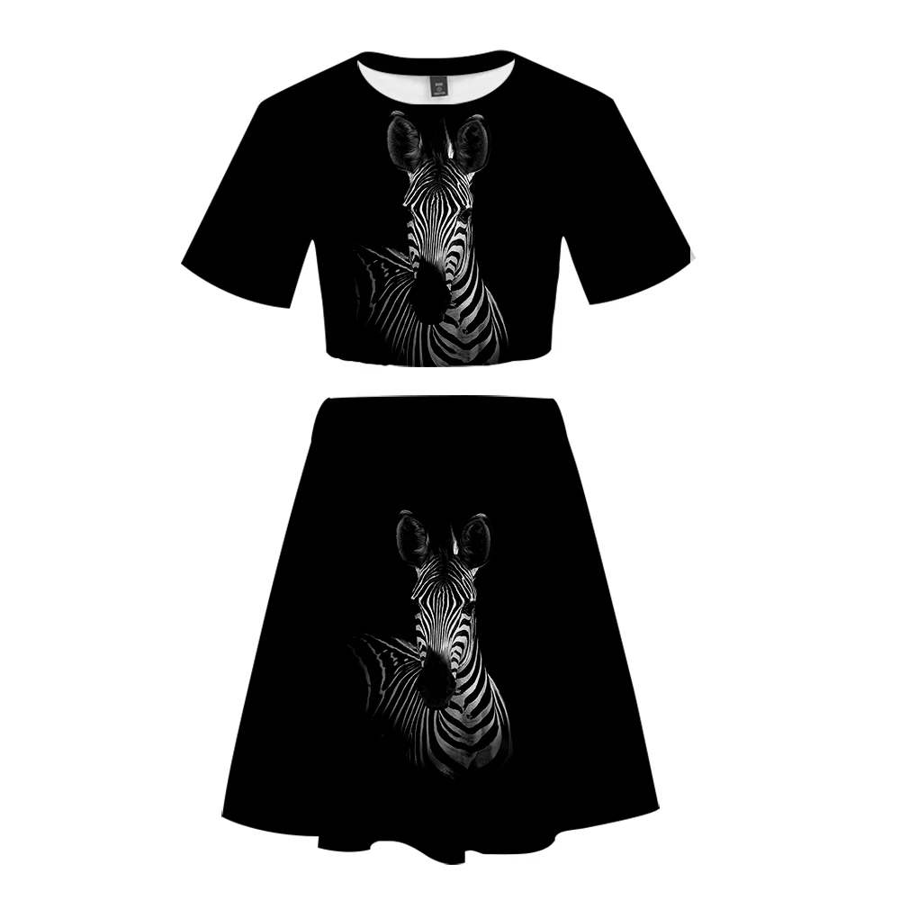 

Trendy Style Funny Animal 3D Printed Zebra Women Two Piece Set Summer Short Sleeve Crop Top+Skirt Girls Casual Streetwear