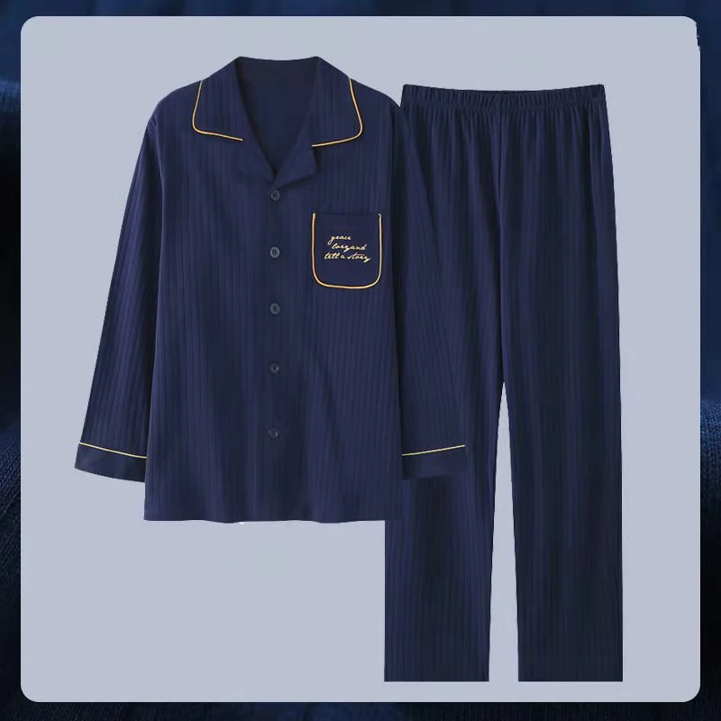 Pure cotton men pajamas suit spring autumn new long-sleeved cardigan men women simple comfortable home service suit 24 styles118
