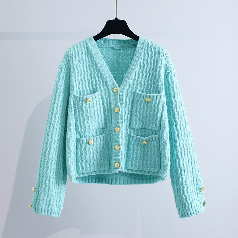 

Женские вязаные кардиганы с четырьмя карманами, новинка зимы 2021, с v-образным вырезом, свободные, на пуговицах, элегантная женская верхняя од...