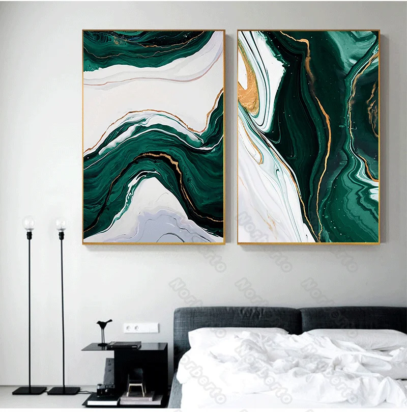 

Nordic Style Canvas Painting Wall Poster Abstract Marble Pictures with White Golden and Green Colors for Home Rooms Wall Decorat