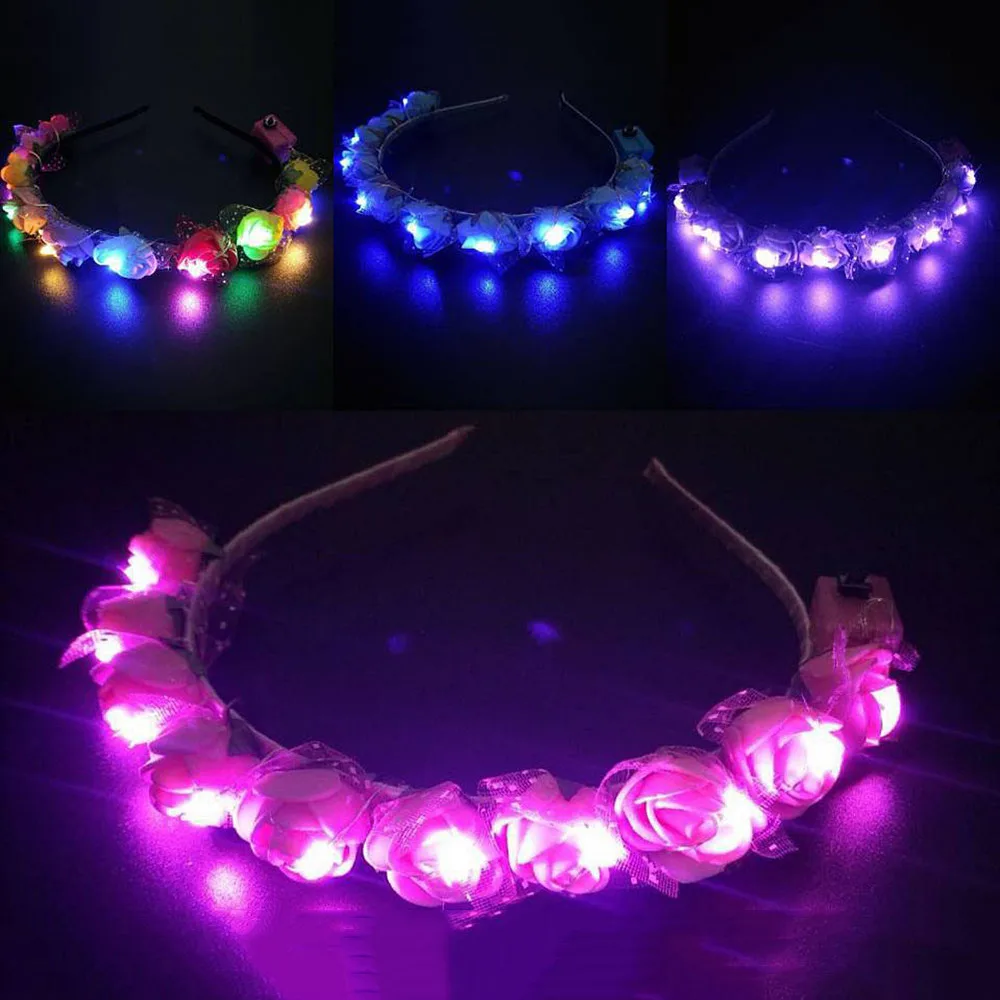 8pcs Colorful Flower Headband LED Light Up Hair Wreath Hoop Women Halloween Christmas Glowing Headwear hoops | Дом и сад