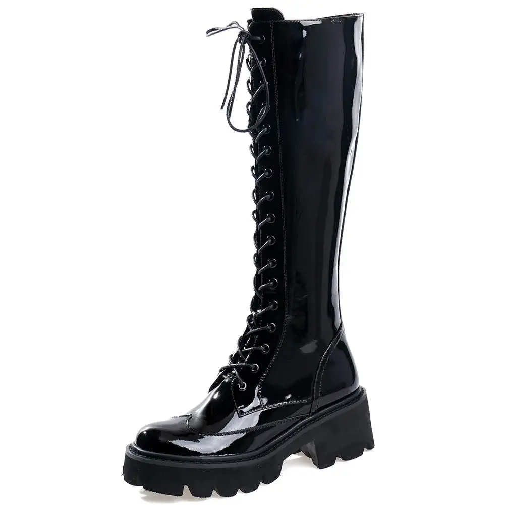 black patent leather Karinluna/; фирменный дизайн; большие размеры 42; Модные женские ботинки из натуральной кожи; женские сапоги до колена - Цвет: black patent leather