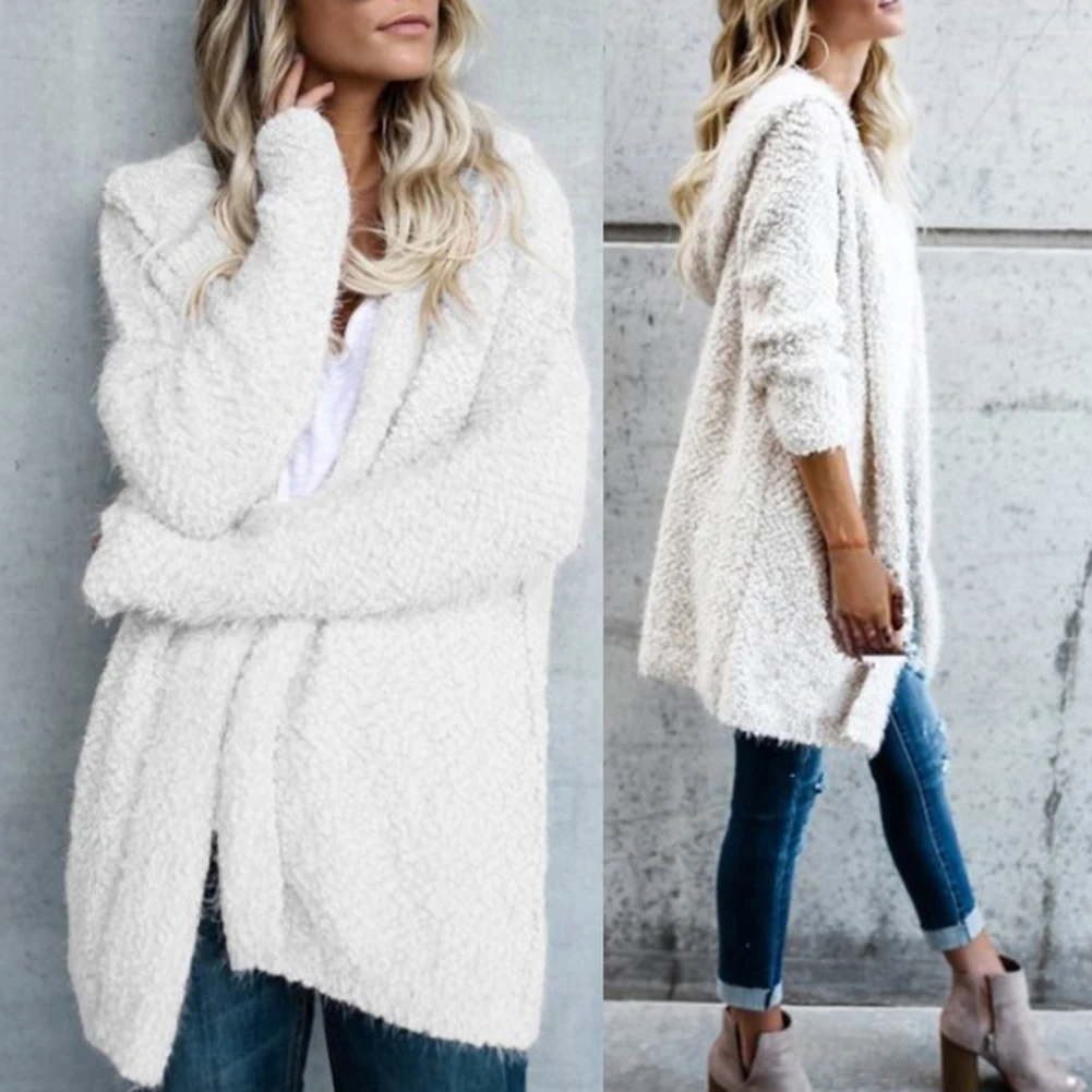 Женский свободный однотонный кардиган с капюшоном трикотажная верхняя одежда