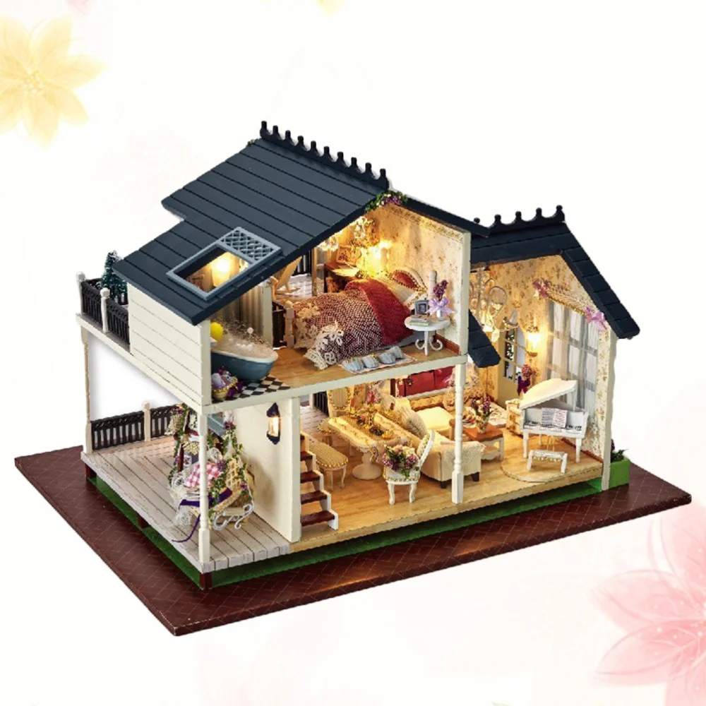 

1 Set DIY Wooden Villa Provence Lavender LED House Model Mini Romantic Artwork Without Battery for Friends Lovers