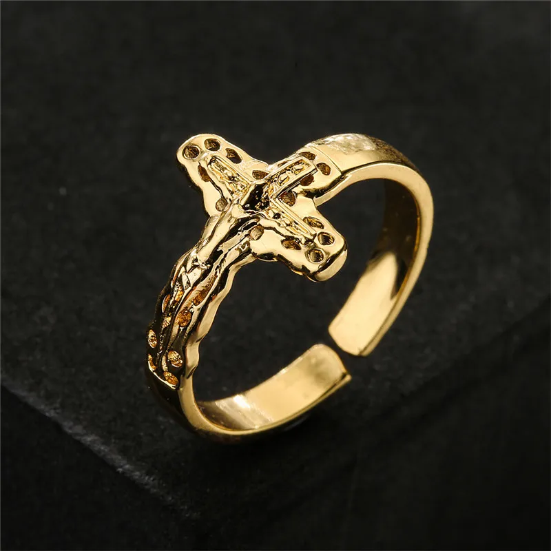 

WUKALO New Jesus Cross Rings For Women Man Gold Color Large Adjustable Punk Vintage Design Religious Finger Rings