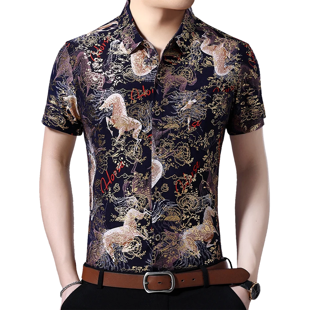

2021 Fashion Summer Short Sleeve Mens Clothing Hawaiian Gold Bronzing Print Shirt for Men Shirts Streetwear Jerseys Dress 1040