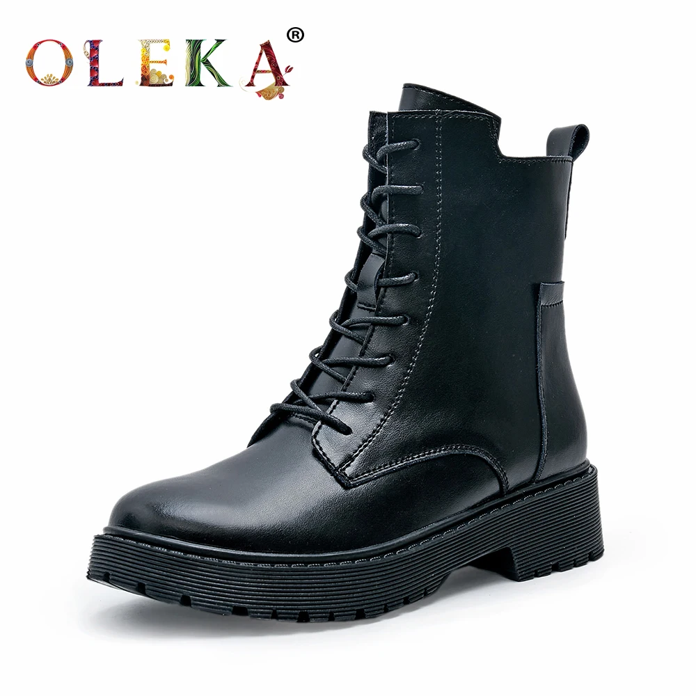 Женские кожаные ботинки OLEKA черные в римском стиле на платформе с круглым носком