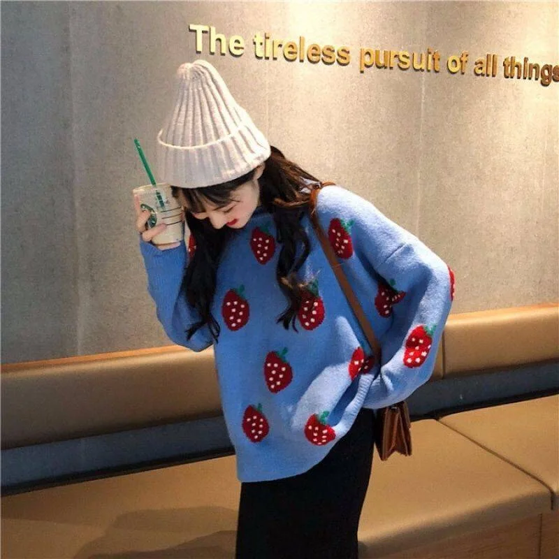 Cute Korean Fashion Ladies Full Sleeve Women Knitting Sweater O-Neck Pullover And Jumper Loose Fruit Print | Женская одежда