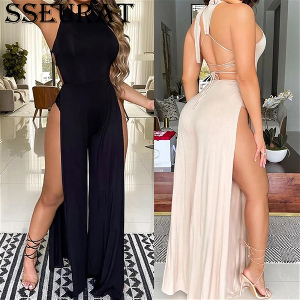 

SSEURAT Summer Fashionable Women's Hollow Out Nightclub Tight Open Back Jumpsuit Sexy Split Bandage Loose Rompers