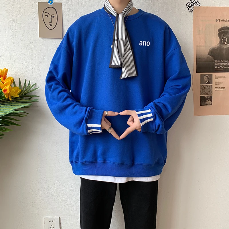 Корейская мужская мода Круглый Вырез Свободный оверсайз Толстовка Harajuku