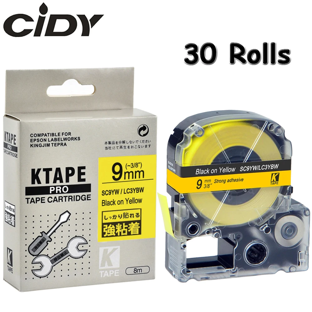 

CIDY 30Pcs SC9YW/LC3YBW9 LC-3YBW Compatible For Epson/KingJim LW-300 LW-400 Black on Yellow 9mm adhesive SS9KW label tapes