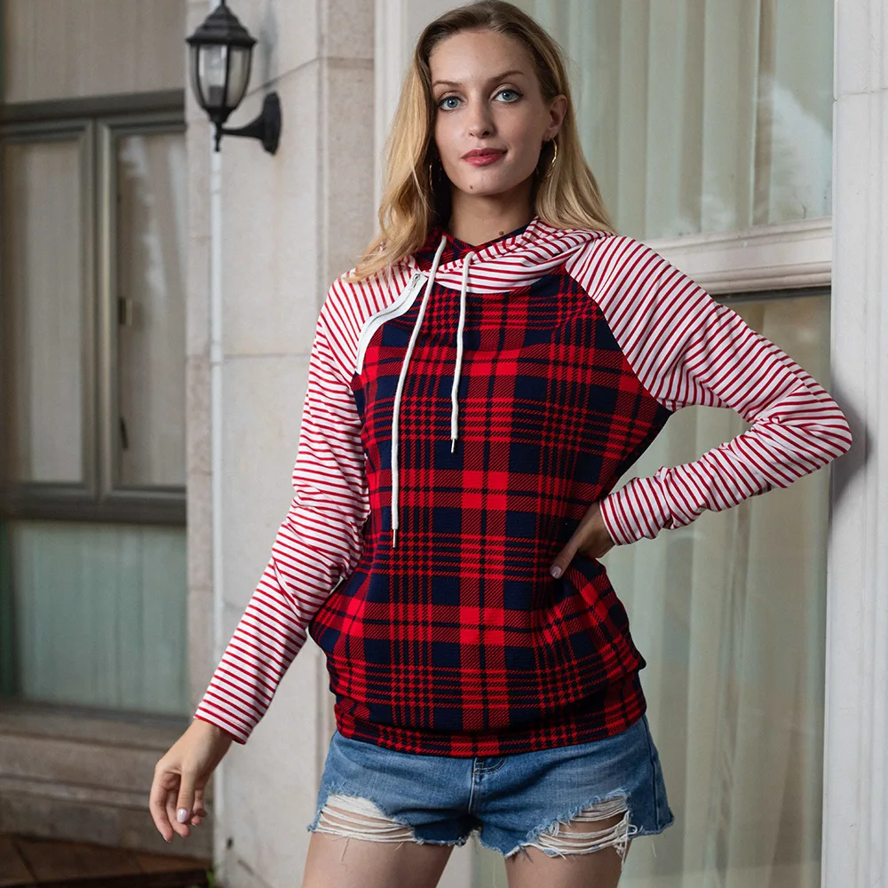 

Hoodie Mujer 2021 Spring Vintage Clothes Red Plaid Contrast Color Patchowrk Hooded Sweatshirt Inclined Zipper Women Pullover Top