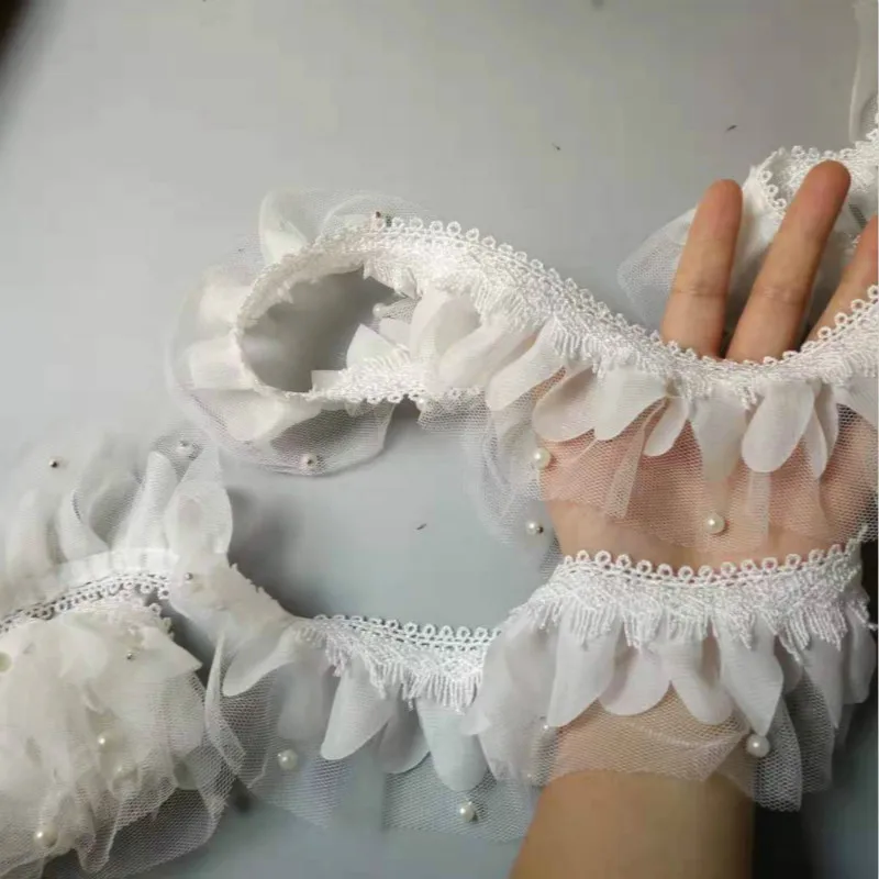 2 ярдов 70 мм Жемчуг 2-слойная плиссированная кружевная лента собранная сетка