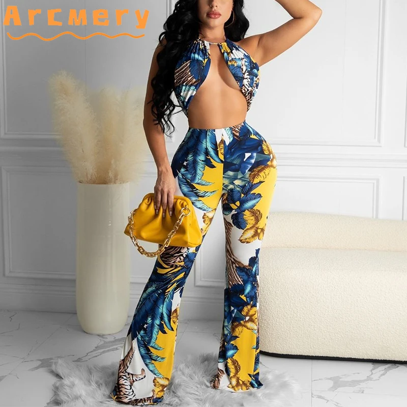 

2 Pieces Pants Sets Women Halter Printed Top Bra & High Waist Wide Leg Pants