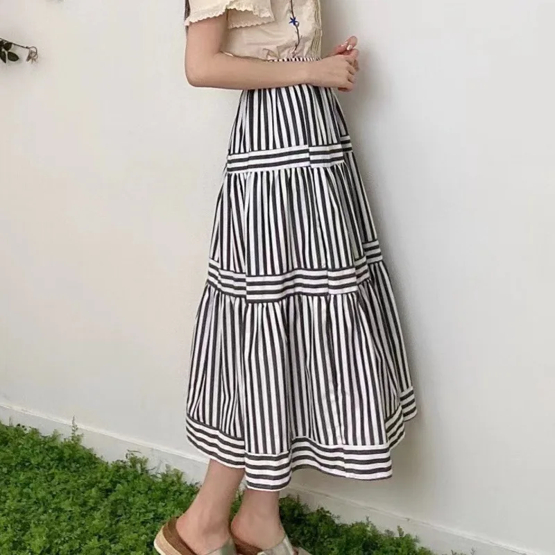 

IEQJ blue casual pleated High Waist Mid-length Striped Print Stitching Large Skirt Women Fashion Tide New Spring Autumn 2021