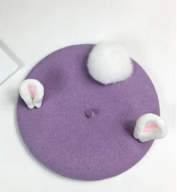 Handmade Wool Felt Berets Women Fashion Valentine's Day Gift Cute Rabbit Ears Winter Hat For Vintage Pink Caps | Аксессуары для