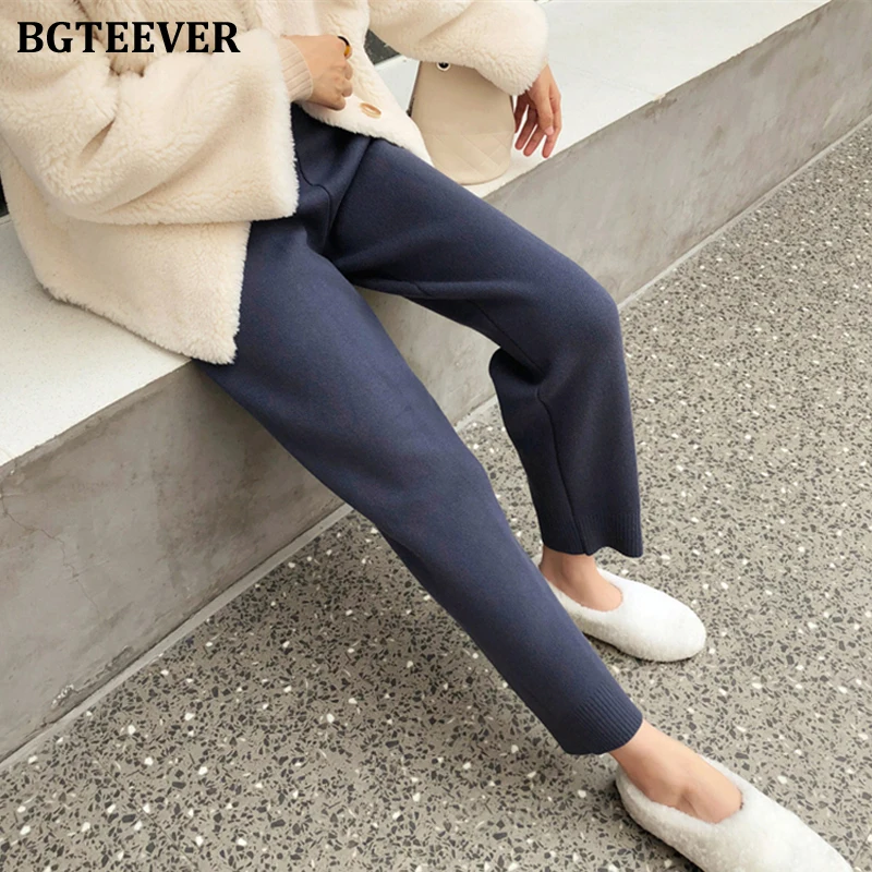 BGTEEVER зимние плотные женские вязаные штаны повседневные свободные с высокой