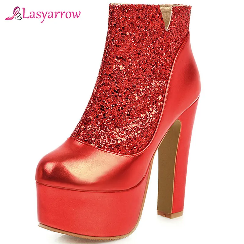 Lasyarrow/пикантные блестящие женские ботильоны на массивной платформе для ночного клуба с круглым носком на молнии; шикарные вечерние свадебные ботинки; J1115