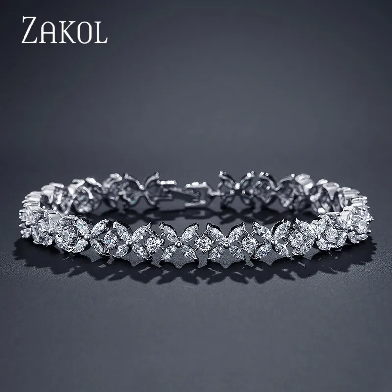 ZAKOL, классические белые браслеты с огранкой маркизы, кубическим цирконием, цепочка и звенья, браслеты с цветами, свадебные украшения для женщин FSBP094