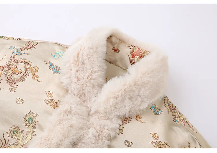Traditional Chinese Tang style embroidered big size long  winter cotton lining warm jacket outwear with rabbit fur for women