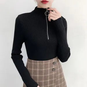 На осень-зиму пуловер свитер для женщин средней длины с высоким воротом кольцо с застежкой-молнией и облегающая блузка с длинным рукавом джемпер задник, однотонный цвет, новый 2021