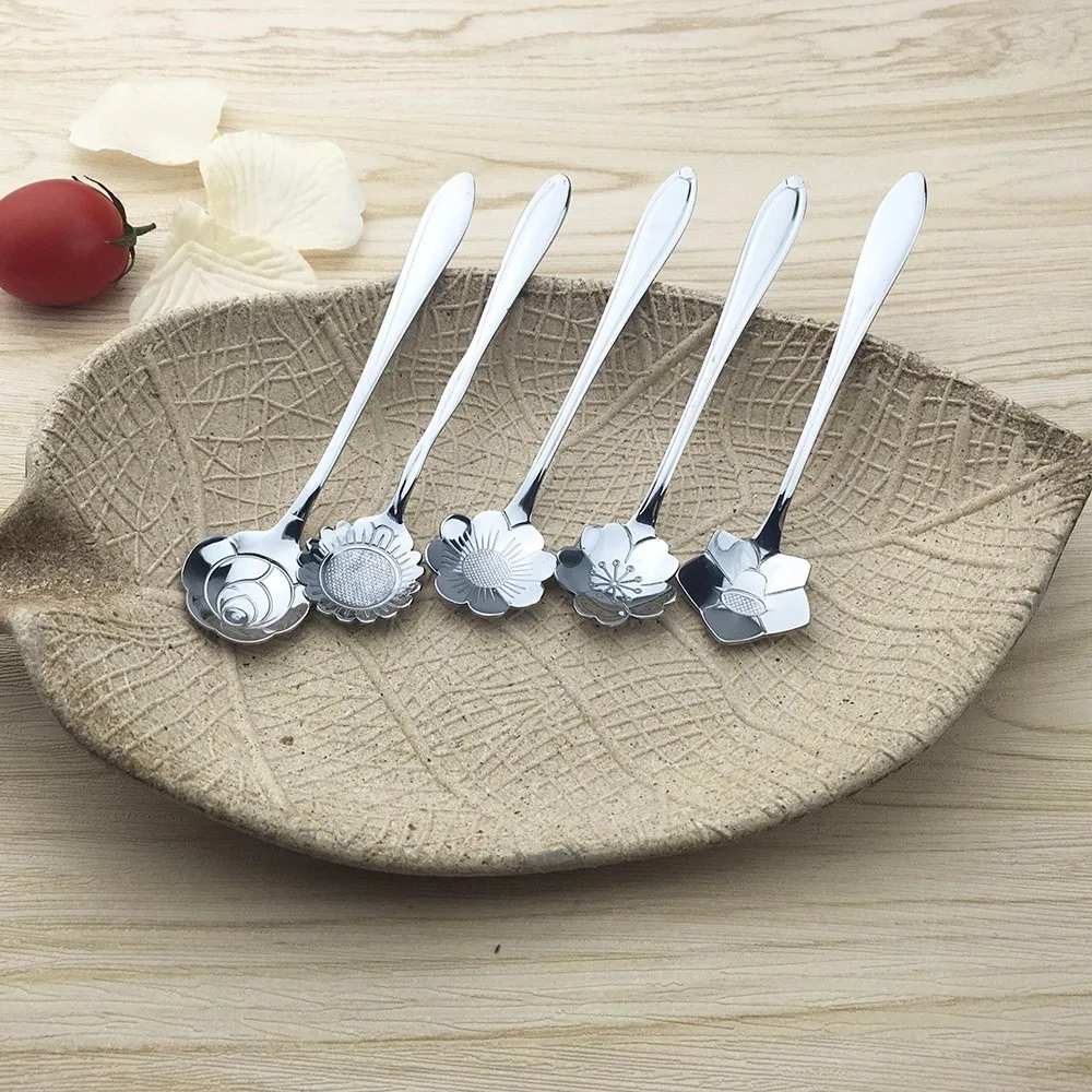 4 шт. мини Нержавеющая сталь ложки вишня Подсолнух цветы розы Форма Чай ложка для