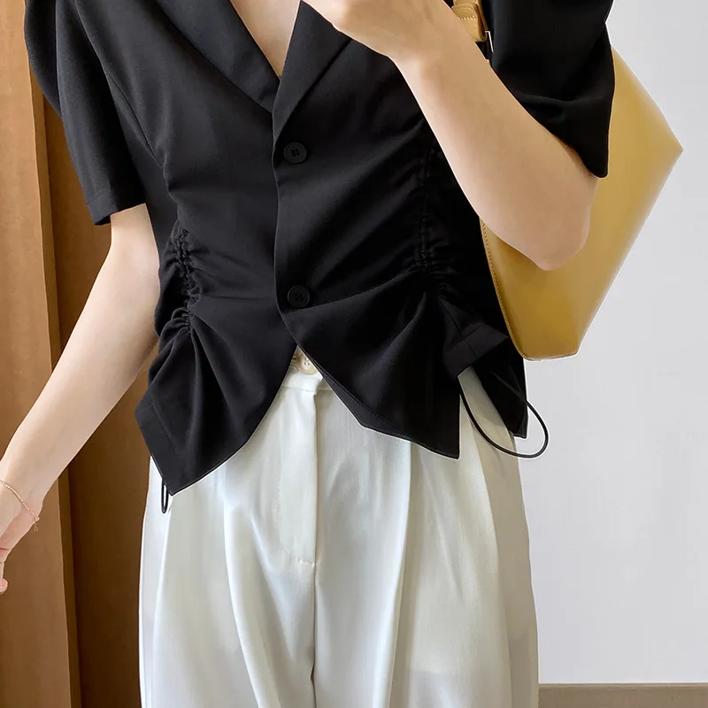 

V Neck Drawstring Pleated Short Blazer Waist Shirt Women's Summer 2021 Suit Collar Top Bubble Short Sleeve Tops