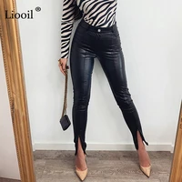 liooil black brown faux pu leather slit pencil pants women slacks 2021 streetwear mid waist trousers sexy skinny long pants