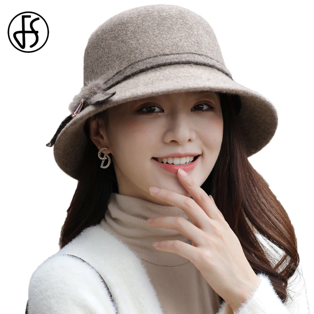 

FS 2021 Women Wide Brim Wool Basin Hats Furry Fedora Hat Foldable Bucket Cap Ladies Cloche Bowler Church Caps With Fur Ball Belt