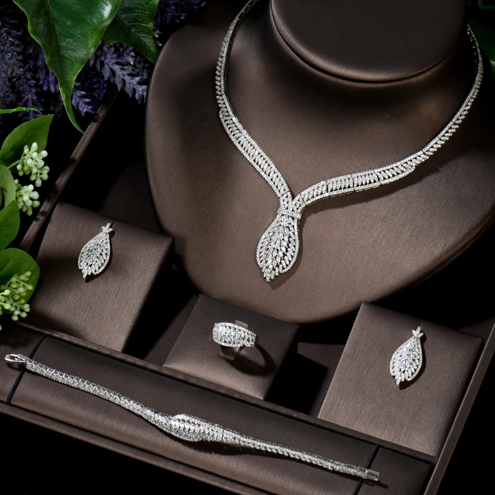 HIBRIDE African 4pcs Bridal Zirconia Jewelry Sets for Women Dubai Nigeria CZ Crystal Wedding Jewelry aretes de mujer N-893