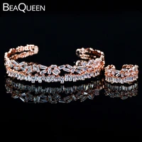 beaqueen new rose gold color adjustable size baguette cubic zirconia crystal ring bangle cuff jewelry sets for women js147