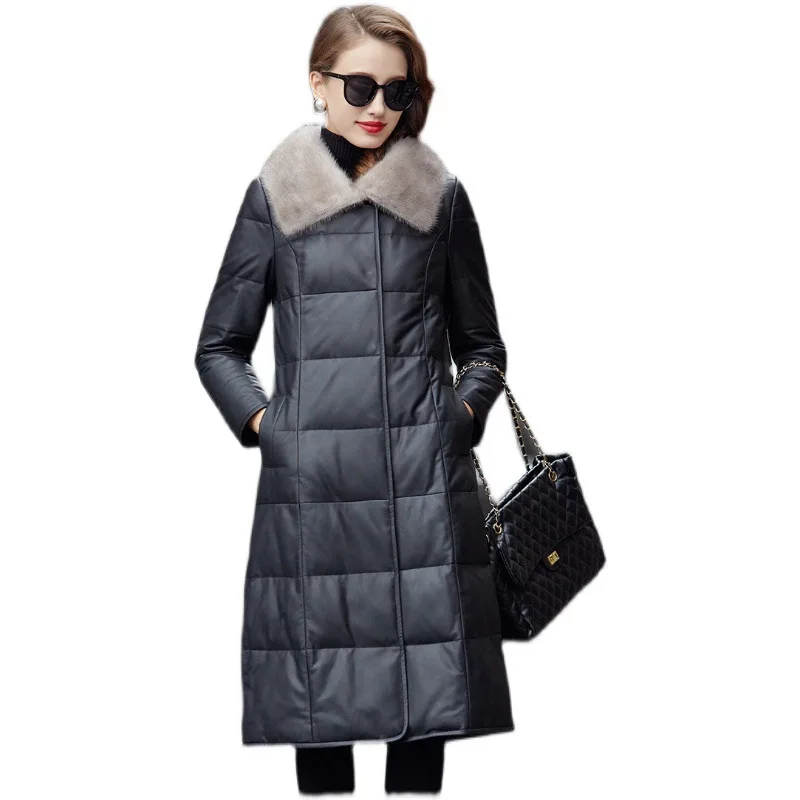 Leather Down Jacket Women's Autumn Winter Medium Length Sheepskin Coat Mink Fur Collar Leisure Slim Down Coat