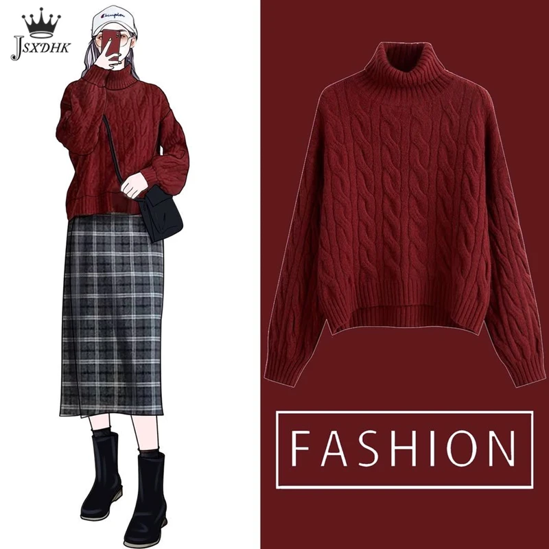 

Зимний кашемировый свитер 2021, теплый вязаный Однотонный свитер в Корейском стиле с воротником-стойкой, повседневный базовый СВОБОДНЫЙ Модн...