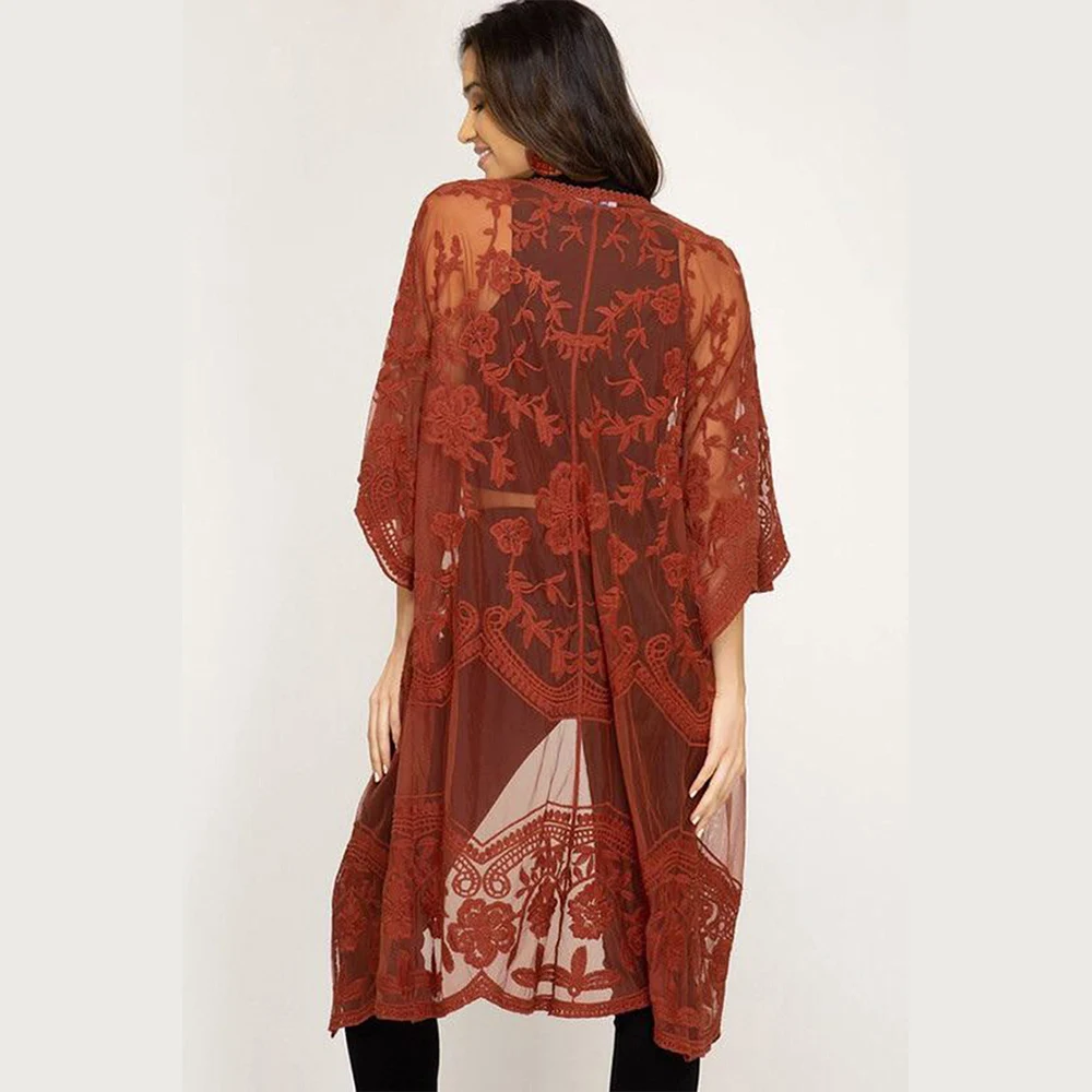 Пикантные кружевные туники прозрачная Пляжная накидка с вышивкой длинное кимоно