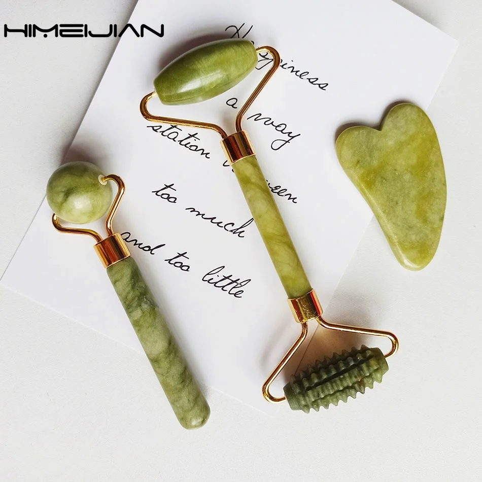 

Jade Roller Gua Sha Scraper Massage Ball Set Natural Face Roller Massager for Face Lift Neck Body Facial Beauty Skin Care Tools