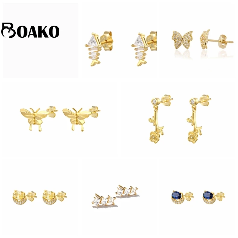 

BOAKO 925 Sterling Silver Earrings For Women Pendientes Piercing CZ Insect Flower Stud Earring Fine Jewelry Earring for Gifts