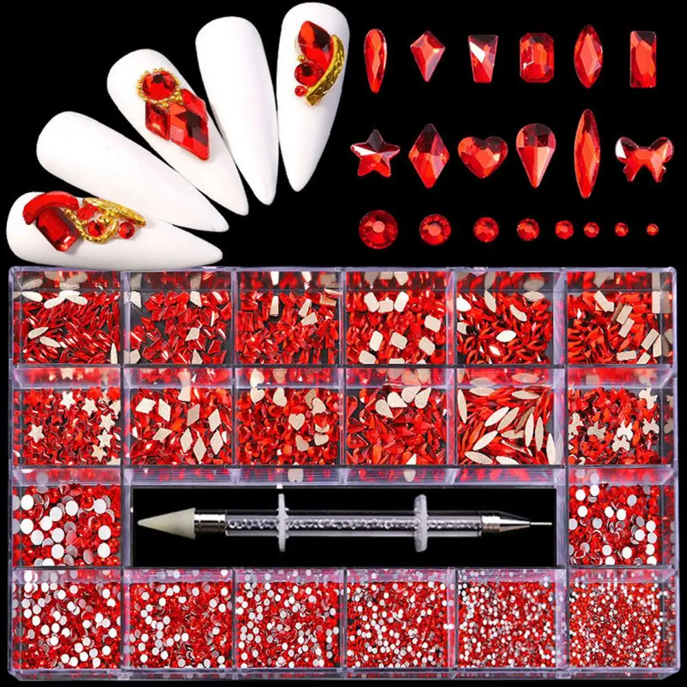 

21 Grids/Box Nail Rhinestones 3D Decoration Glass Stone Flat Bottom Point Drill pen Various Special Shaped Nail Art Accessories