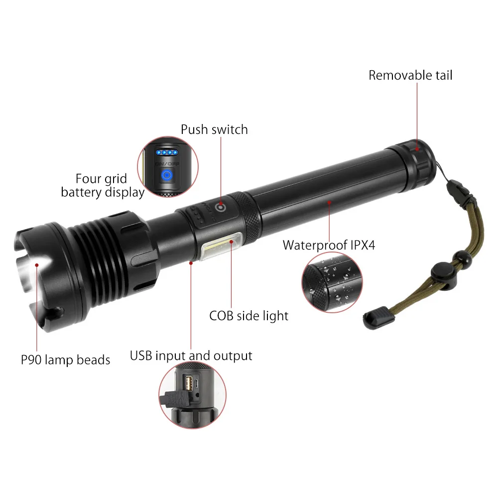 

XHP90 Flashlight Powerful Torch COB LED Flashlight USB Rechargeable Tactical Flashlights Telescopic Zoom Torch 26650 Battery