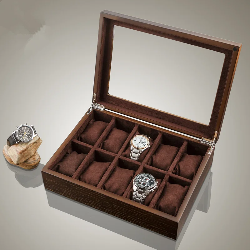 

Top Watch Box Wood Fashion Brown Watches Storage Box With Window New Watch Display Gift Case Holder