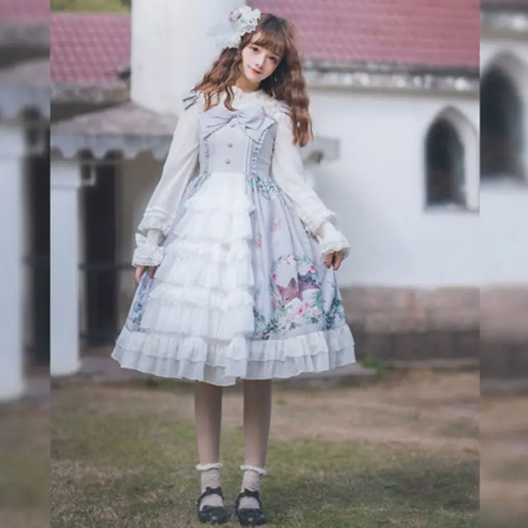 

Kawaii Lolita Forest Song Party JSK Sling Dress Japanese Sweet Bowknot Vintage Victorian Women Princess Party Dress