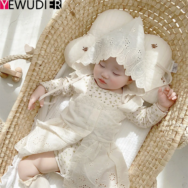 

Baby Floral Romper 2020 Autumn Baby Girl Long-sleeved One-piece Vintage Hollow Sling Skirt Blouse Hat Baby Girl Photo Props Set
