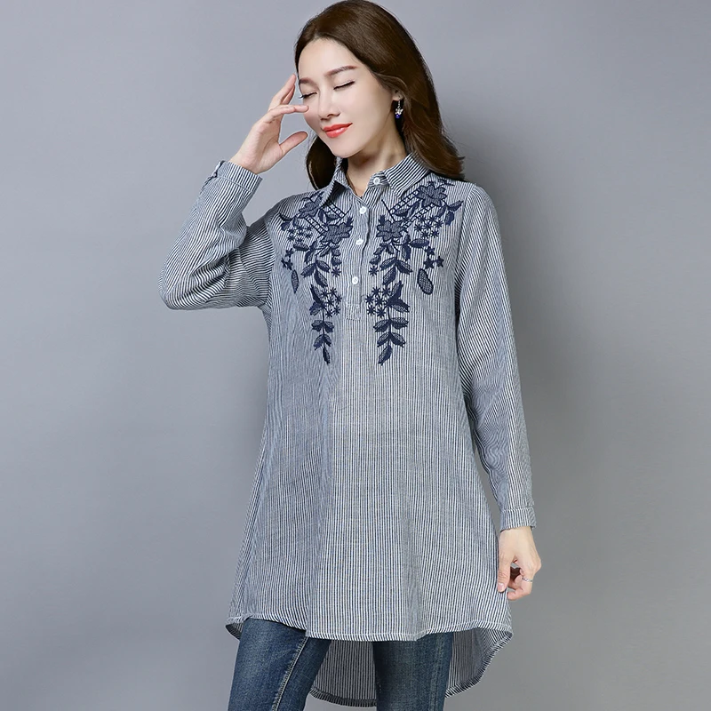 Women Vintage Cotton and Linen Stripe Shirt Fashion 2020 New Long-sleeved Lapel Shirt Embroidery Pockets Blouse Tunic Tops