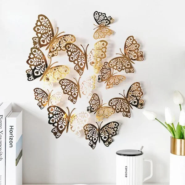 

12pcs Creative Hollowed Out Butterfly Decoration Stickers Home Festival Layout Cardboard Hollowed Out Butterfly Wall Decoration