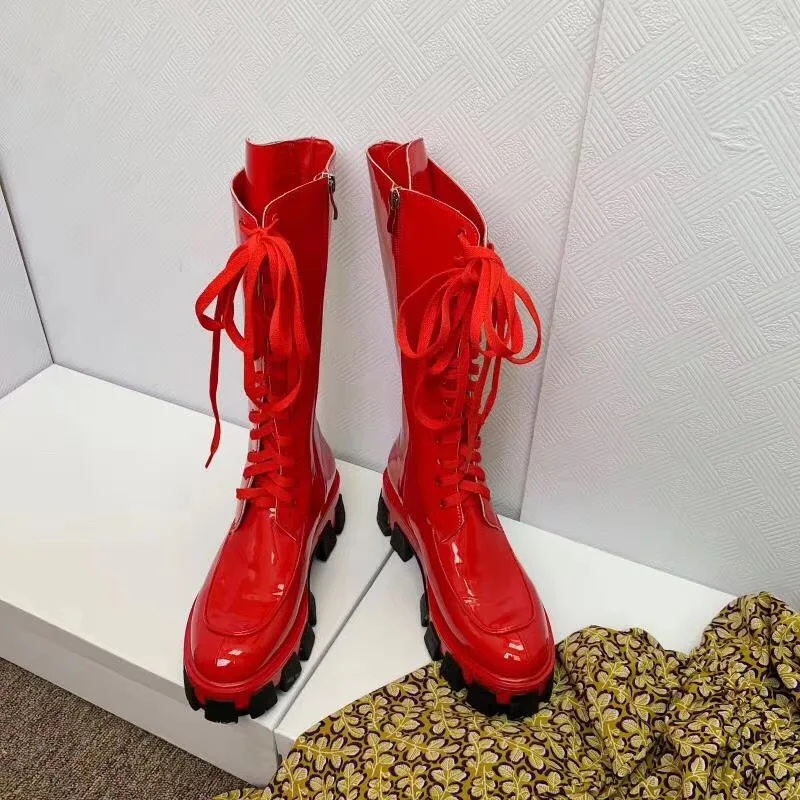 Buono Scarpe/женские ботинки средней высоты на толстой подошве; ботинки в жокейском стиле с перекрестной шнуровкой; Botas Fenimina; женские ботинки черного цвета на платформе в стиле панк