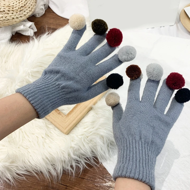 

Adult Kids Knitted Full Finger Gloves Funny Colorful Pompom Ball Fingertip Circus Cosplay Party Winter Stretchy Mittens