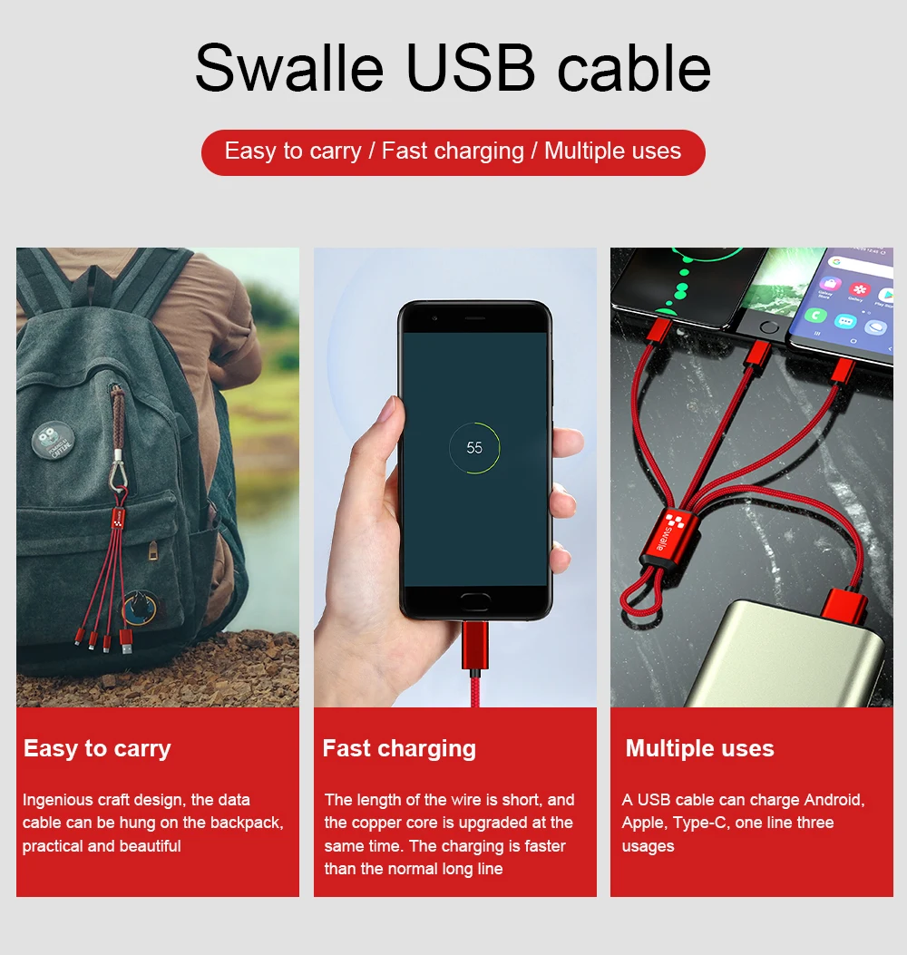 Горячий Swalle 3 в 1 USB C кабель брелок короткий микро-usb type C мульти зарядный кабель для Xiaomi huawei iPhone Быстрая зарядка
