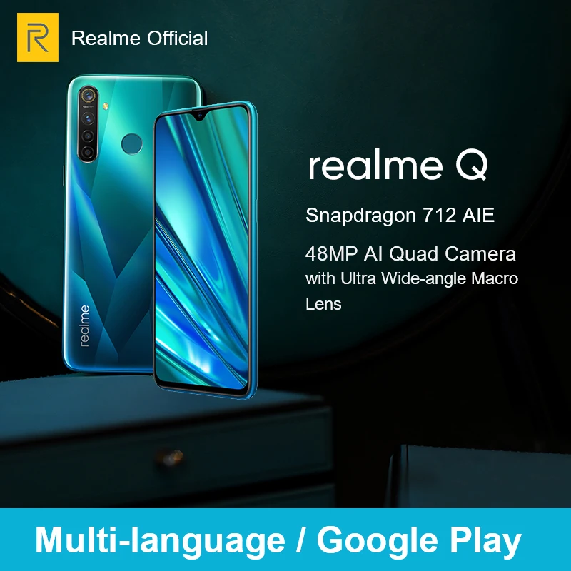 Realme Q 4 ГБ ОЗУ 64 Гб ПЗУ 6 3 дюйма Мобильный телефон Snapdragon 712AIE Восьмиядерный 48MP Quad Camera