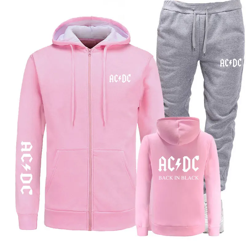 Бренд, толстовки+ штаны для мужчин, бренд AC/DC, рок-принт с графическими буквами, модная мужская спортивная одежда, повседневный мужской спортивный костюм, костюмы - Цвет: pink light gray 2